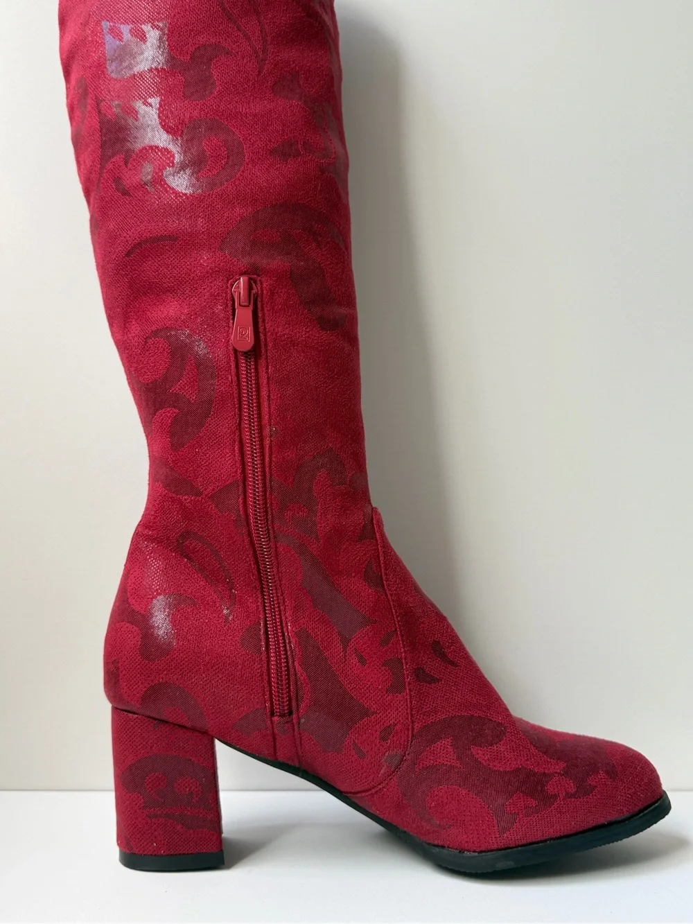Women US 9 EU 39 Red Leather Knee High Riding Boots Floral Round Toe Zip